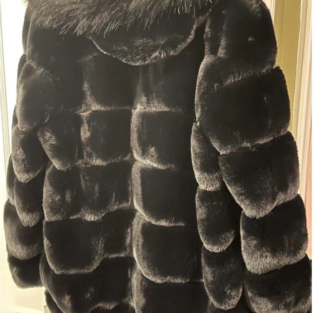 Calvin Klein Black Hooded Faux Fur Jacket - Picture 6 of 10